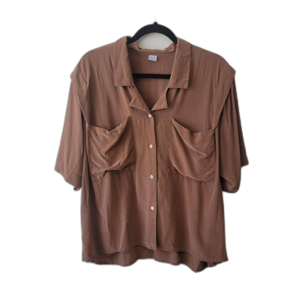 Brown Silk Button Up Blouse with Pockets Size 14 Coastal